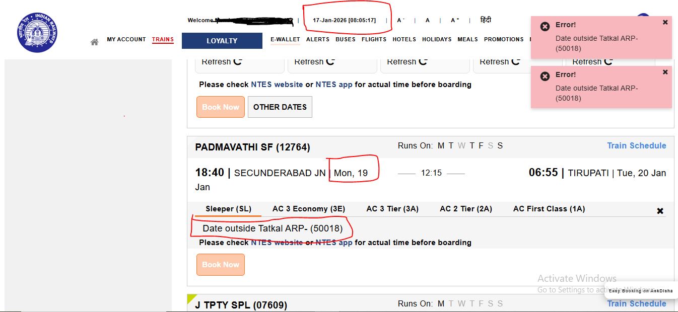 IRCTC booking screen showing Date Outside Tatkal ARP error 50018 for Padmavathi Express train 12764